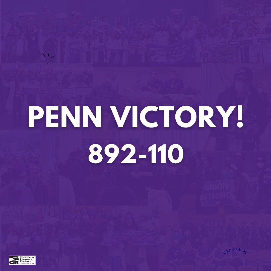 In a landslide victory, the residents and fellows of @uofpenn voted 892-110 to become the first housestaff union in Pennsylvania. 💜💪