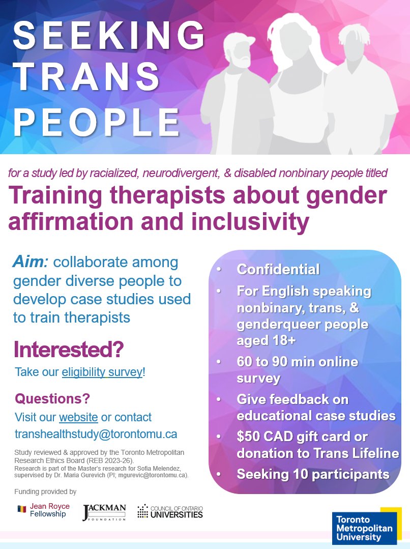 OUR TRANS &amp; NONBINARY LED STUDY IS LIVE! Seeking 10 trans, nonbinary, and genderqueer people to contribute to case studies that train mental health professionals about gender affirming &amp; inclusive care. $50 compensation! Learn more: linktr.ee/transhealthstu… Please RT!