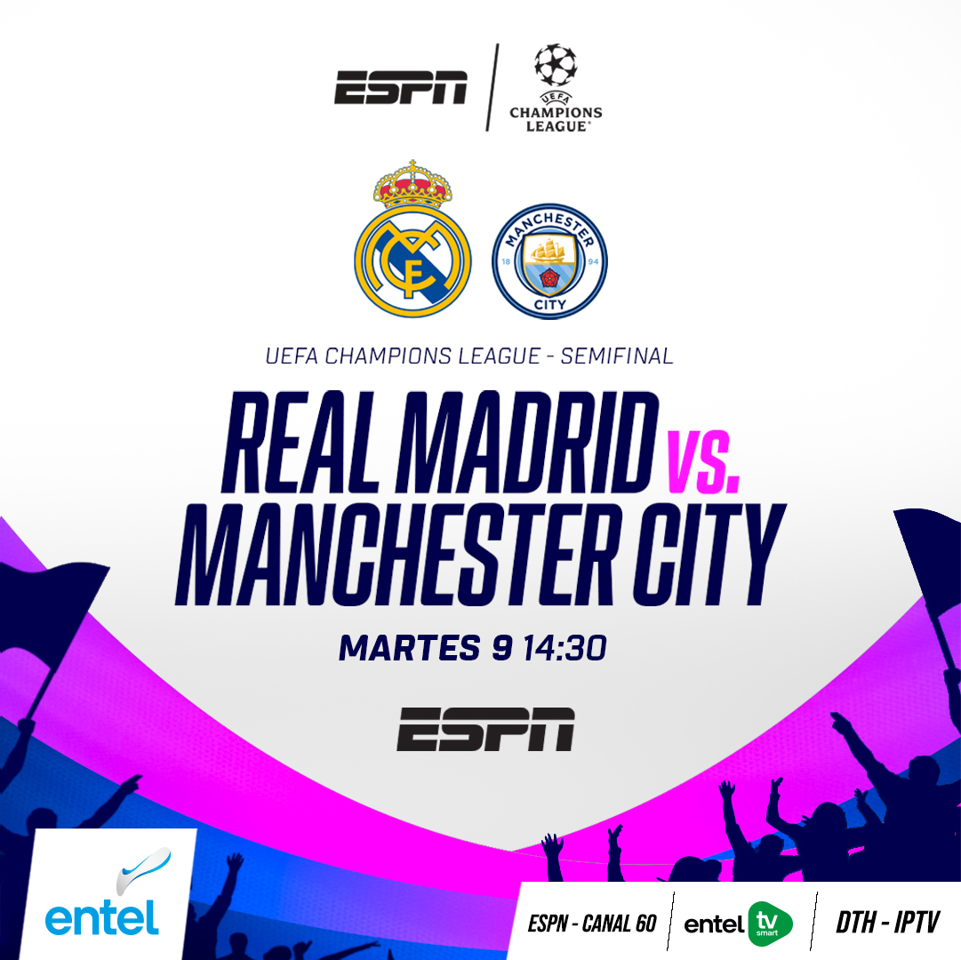 entelbo's tweet photo. 🙌 Vive la semifinal de la #ChampionsLeague por Entel TV 🔥.
⚽ Real Madrid vs Manchester City.
🏟️ Hoy, desde las 14:30 hrs.
😉 Por ESPN, canal 60.
#EntelBolivia
#EntelTVSmart
#AppEntelTVSmart https://t.co/UpUeNNDkqP