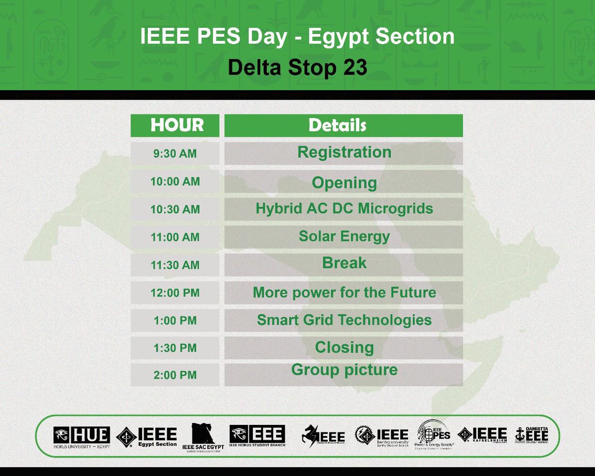 IEEE PES Day Egypt - Delta Stop Agenda

رابط التسجيل في الحدث:
docs.google.com/forms/d/19q0fc…

تابعونا لمزيد من التفاصيل عن الحدث.
#IEEE_HUE
#IEEEPES
#IEEEPESDAY