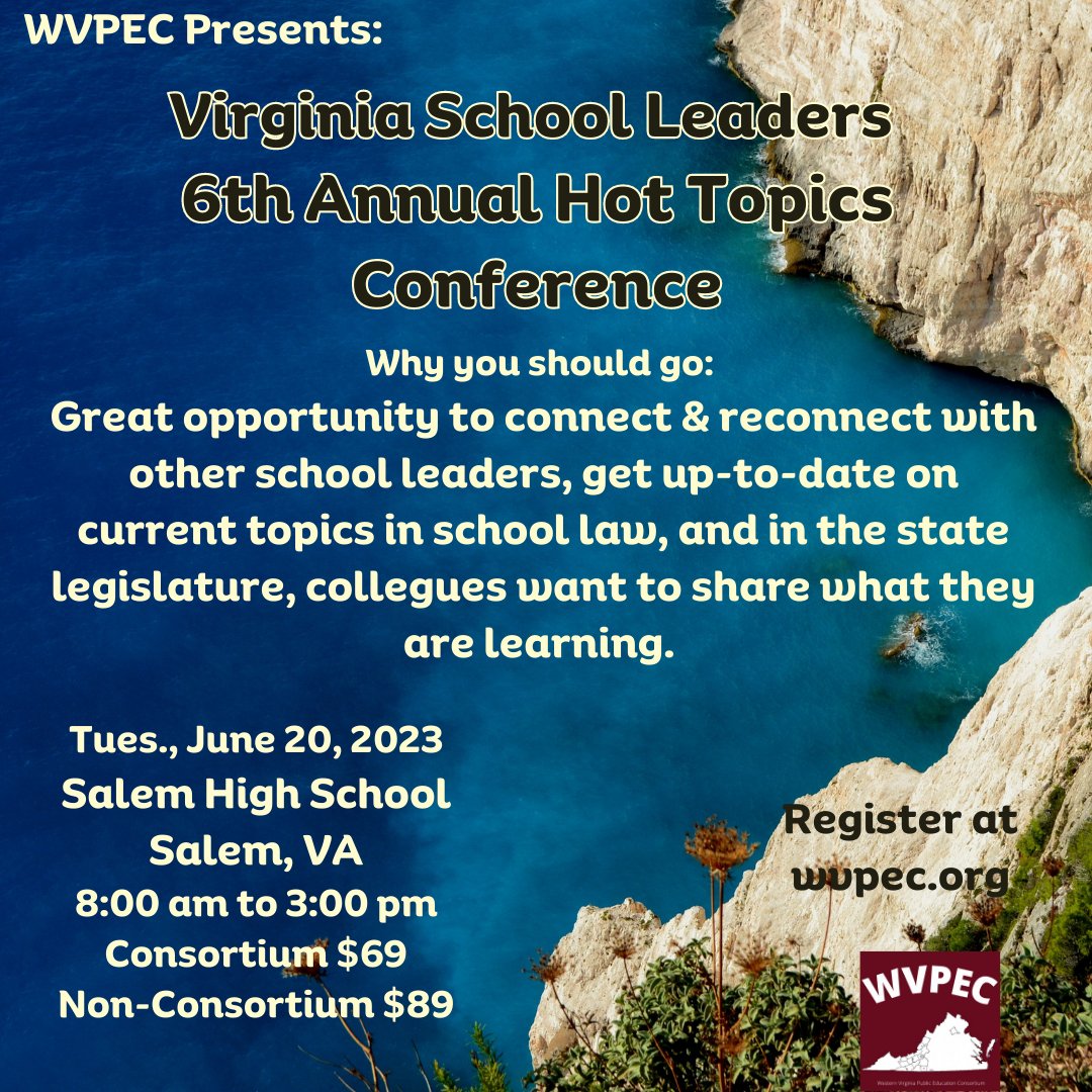 WVaPEC's tweet image. Are you a Virginia School Leader?  Come to our Conference in Salem, VA - June 20, 2023. Register at forms.gle/F2xc5VEphQR4uE… or for more info. or to register go to wvpec.org.