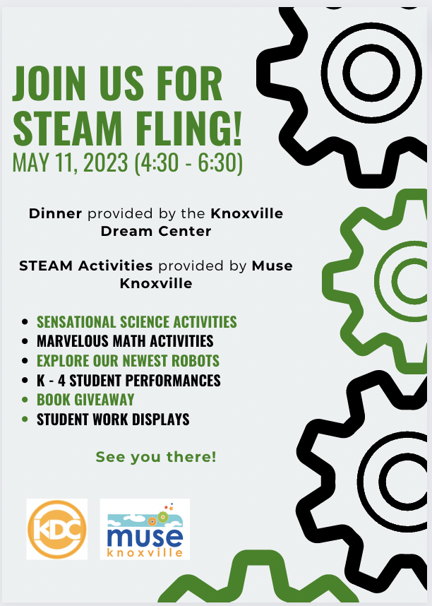 Sandy4STEAM's tweet photo. We are so excited that it's almost time for our next STEAM Fling! Join us on Thursday, May 11 for a super exciting evening of family fun!  Dinner served by @knoxvilleDC and activities provided by @MuseKnox !
All who attend are eligible to enter to win fun STEAM prizes! @GMASteam https://t.co/Fqeg0YDv5F