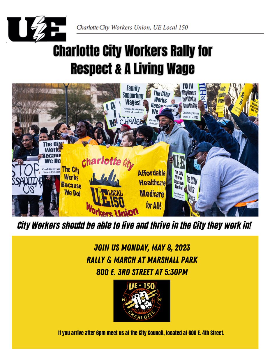 SJC_Clt's tweet photo. Stand In Solidarity with Charlotte City Workers Today, May 8th, 5:30pm at Marshall Park!!!!
#OneJobShouldBeEnough #SupportLivingWages #CityWorkersAreEssential 
#CharlotteCityWorkersUnion #UE⚡️
#UE150⚡️ #UnionStrong💪🏻💪🏽💪🏿
#BuildingWorkerPower💥💥💥
#OrganizingTheSouth
#charlottenc https://t.co/fUQuTnUiPa