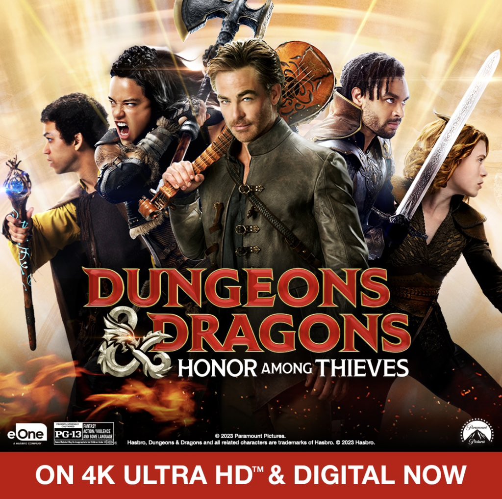 PCLeftovers's tweet photo. Get #DungeonsandDragons: Honor Among Thieves on Digital today! #ChrisPine &amp; #MichelleRodriguez star in this hilarious &amp; action-packed adventure, where a band of unlikely heroes undertake an epic heist to retrieve a lost relic. Rated PG-13. From #ParamountPictures.. https://t.co/nskSmPXVWg