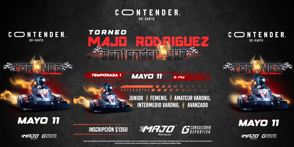 Majo_rgo's tweet photo. 🔥¡Ahora les toca a ustedes!🏎️👊    
🏁Recuerden que éste jueves 11 de Mayo arrancamos con la primera temporada del torneo "Majo Rodríguez Contender Cup"🏆 
👉Así que tú y yo tenemos una cita 😎 en #ContenderGoKarts en @ExplanadaPueb 🙌 ¡Inscríbete ya!🥳 https://t.co/3eJxuPTGa9