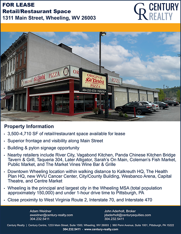Century_Realty's tweet photo. NEW LISTING: 3,500-4,710 SF #Retail/#Restaurant Space For #Lease In Downtown #Wheeling, WV. Contact Adam Weidner or John Aderholt from @Century_Realty at 304-232-5411 for more details.
#cre #WheelingWV #OhioCounty #WestVirginia #CenturyRealty #CORFACInternational #CORFAC https://t.co/H3NBDb5jWg