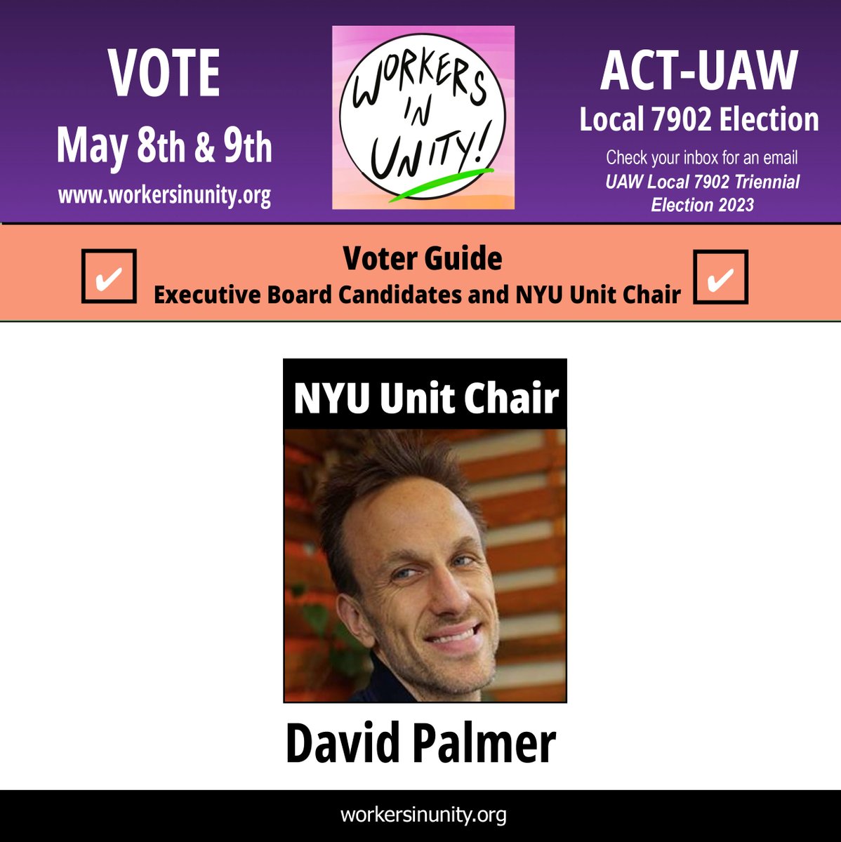 workersinunity's tweet photo. Vote David Palmer for #NYU Unit Chair- https://t.co/law5ojllY9 #NYU #LiberalStudies #BargainingCommittee #OrganizingCommittee #Steward @LiterallyAKing @TheAnikaSharma @TheNewSchool @SENSUAW @KnowNewSchool @NSSRNews @EdwardGoldberg @DeanLand @CatTullyFOH @bdanweiss #UnionStrong https://t.co/ofTjmiEJgz