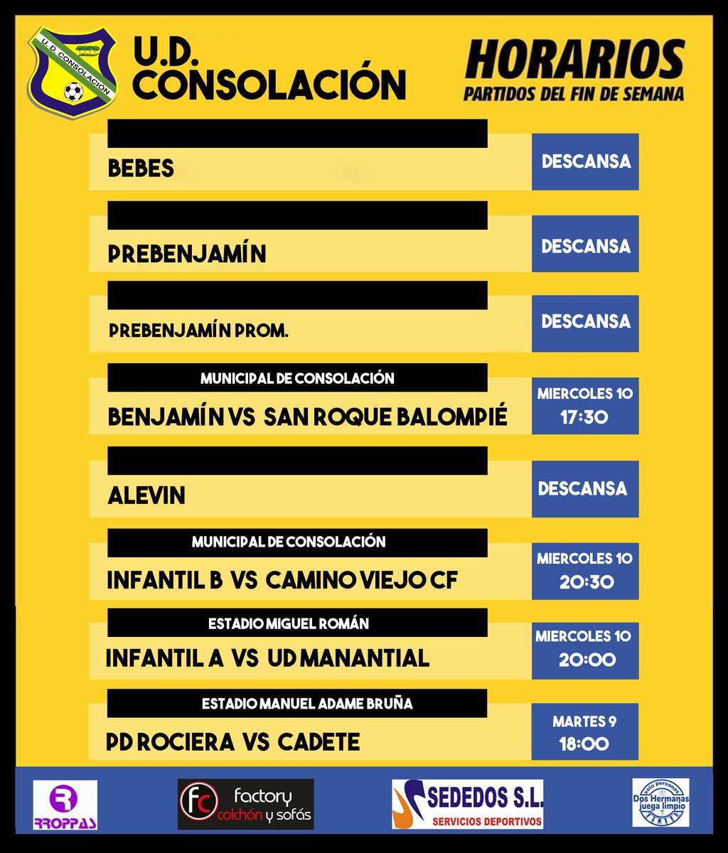 Horario intersemanal motivado por nuestra Feria de Dos Hermanas..  Agradecemos a los clubes su colaboración.... 
#adelanteconsolación
#udconsolacion 
#since1980