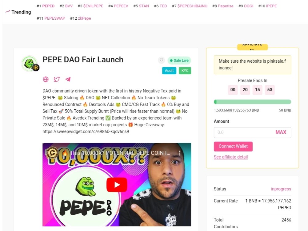 PEPEDAO_Global's tweet photo. 🐸 It's just beginning, Raised 1500 BNB &amp; Trending #1💰

🥞 Pancakeswap Launch: 9th May 18:00 UTC

🔥 Pinksale: https://t.co/DUqzcpDmsD

#BNB #PEPE #DAO #Binance https://t.co/Yb3DBfzBJ5