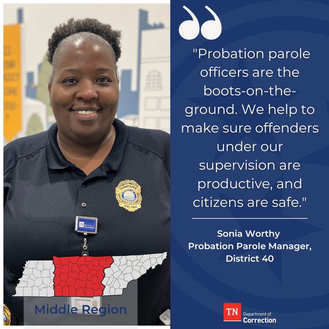 TNTDOC1's tweet photo. Community Supervision staff are responsible for almost 70k offenders in TN. As a team, they work to enhance public safety by holding offenders accountable, offering guidance &amp; support, &amp; providing the resources &amp; services necessary for success. #CorrectionalProfessionalsWeek https://t.co/IXDz7CIyBi