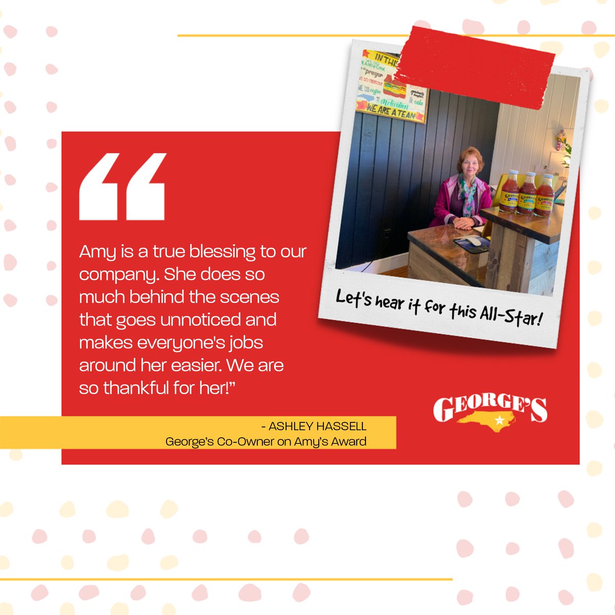 Let's hear it for this Quarter's Gold Star, AMY!

As a team member for the last EIGHT years, our "Chaos Coordinator" has an answer for everything &amp; goes out of her way to care for our team (that's why we call her mom!). Cheers, Amy! // #GrabAGeorges

MORE: bit.ly/37Olzgb