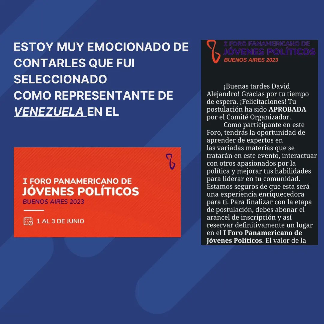 ¡Ayúdame a cumplir este sueño!

Fui seleccionado para representar a Venezuela en el I Foro Panamericano de Jóvenes Politicos que se va a realizar en Buenos Aires-Argentina del 01 al 03 de junio del 2023.