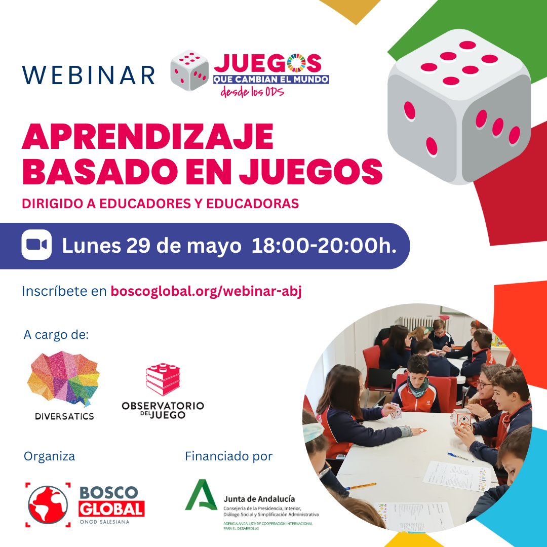 BoscoGlobalONGD's tweet photo. 👉Te invitamos a participar en el webinar 🎲Aprendizaje basado en juegos, dirigido especialmente a profes y educadorxs

👩‍🏫Impartida por @diversatics y #Observatoriodeljuego

✍️Inscríbete: https://t.co/294skZP1ke

#juegosquecambianelmundo es un proyecto apoyado por @CooperacionAND https://t.co/F73goSqZiu