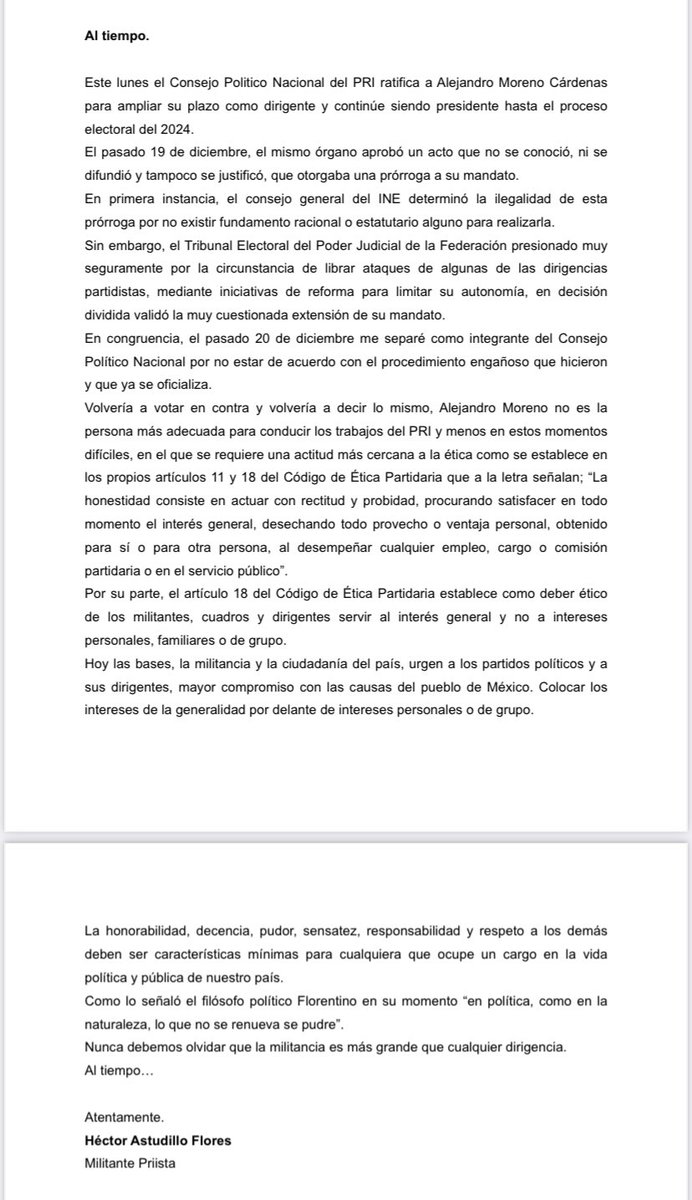 HectorAstudillo's tweet photo. Comparto mi posicionamiento en relación a la sesión del Consejo Político Nacional del día de hoy. https://t.co/SpTkV5u3v8