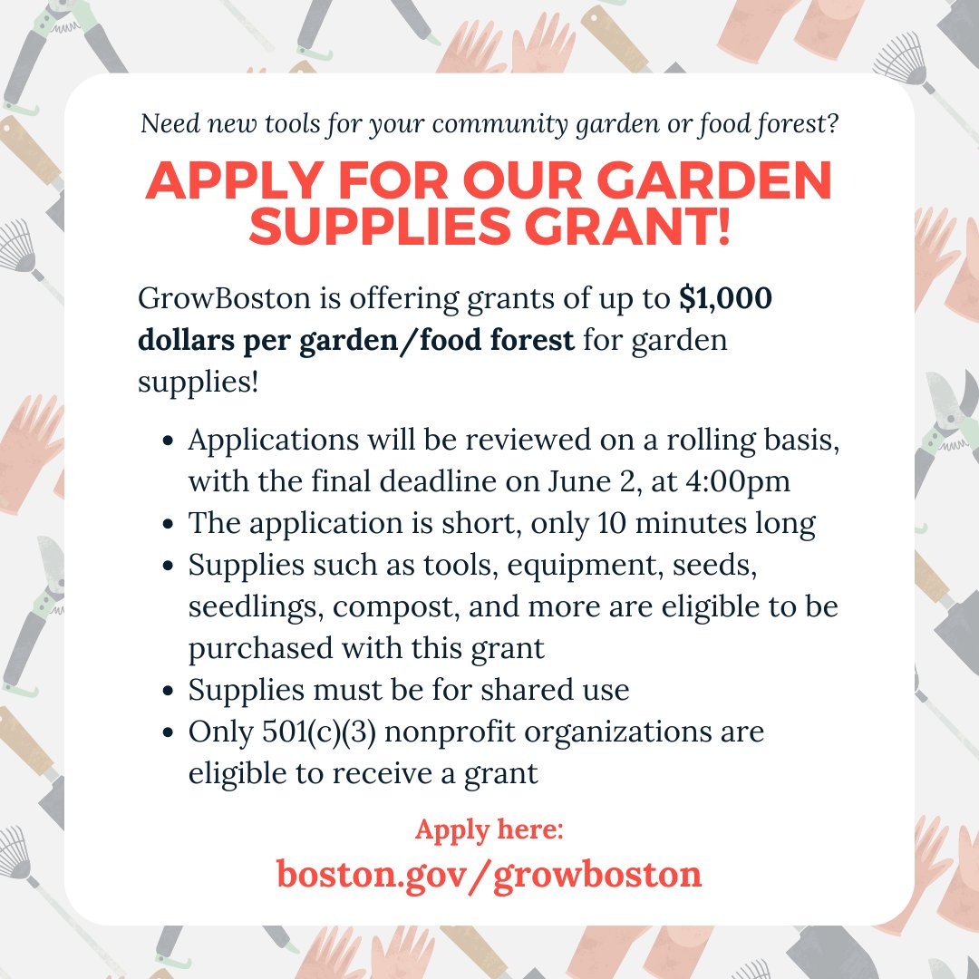 GrowBostonCOB's tweet photo. Community gardens and food forests in Boston can submit a short application to be considered for a grant for garden supplies ($1,000 per garden). Head to our website for more!
.
.
.
#growboston #gardentools #bostongardeners #urbangardens #urbanfarms https://t.co/zFgtPxac2H