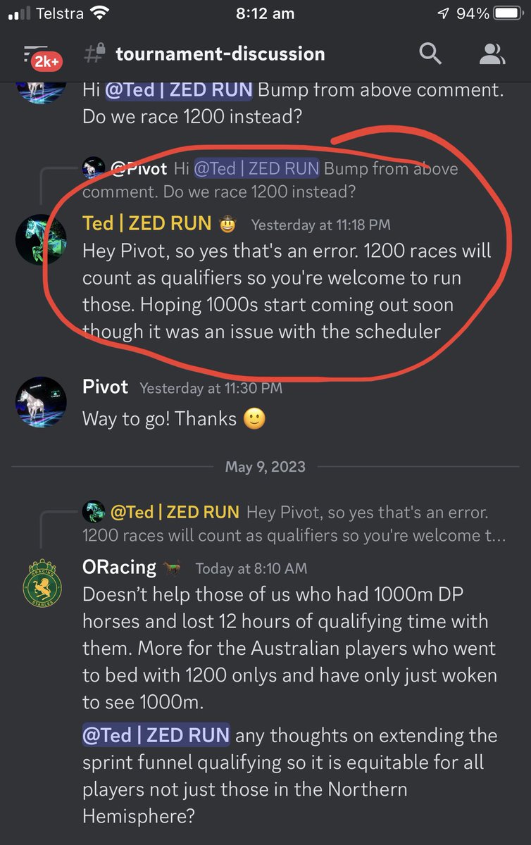 This smacks of <a href="/zed_run/">zed_run</a> running on the smell of an oily rag. I raised the “no 1000m” races in Discord at 1pm yesterday. Others had also put it in Twitter earlier. Response back nearly 12 hours later. To bad if you have some 1000m DP horses and wanted to give them a tourney chance