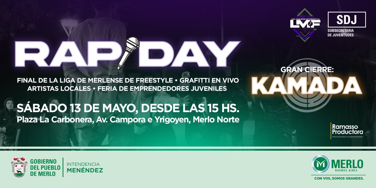 SDJuventudes's tweet photo. 🎤 CELEBRAMOS EL DÍA INTERNACIONAL DEL RAP
Este sábado se viene un nuevo #RapDay con artistas locales, grafiti en vivo y la gran final de la #LigaMerlensedeFreestyle.
¡Gran cierre de @lakamada! ¡No te lo pierdas!

#Juventudes #IntendenciaMenéndez #MerloCapitalDeLasJuventudes https://t.co/EHvkZgSDhv
