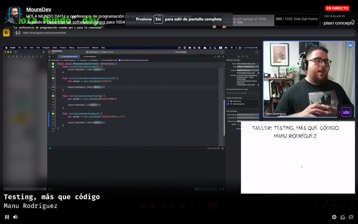 OscarRodasMo's tweet photo. Ultimo taller del dia Taller: Testing, más que código | Manu Rodríguez. Parte 3 Pasando a los Test #HolaMundoDay #xcode #iOSTeam
@MoureDev https://t.co/hdyCGmCBKl