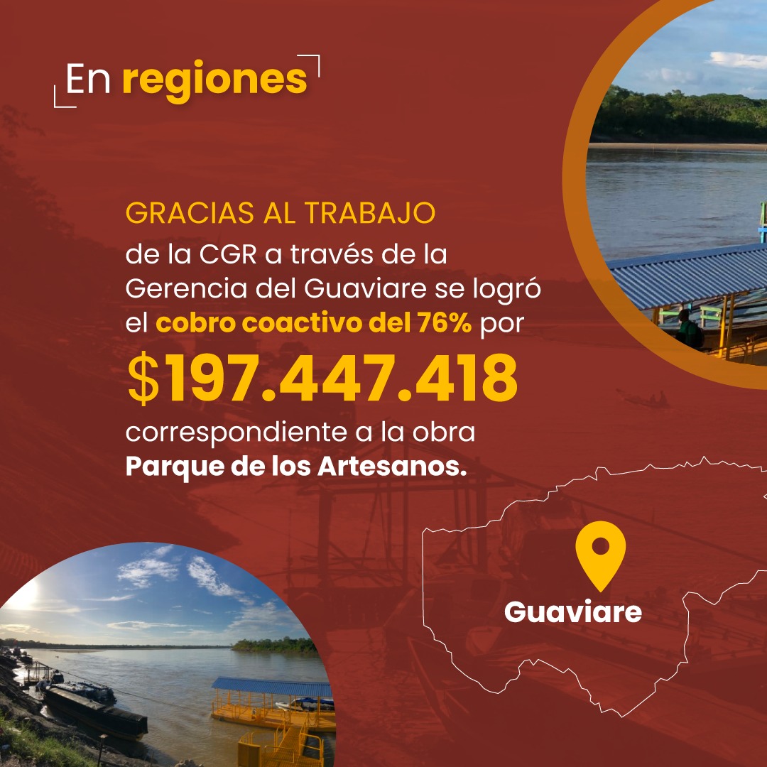 CGR_Colombia's tweet photo. A través de cobro coactivo, la CGR recuperó recursos por más $197 millones correspondientes al daño fiscal causado por irregularidades en la construcción del Parque de los Artesanos en San José de Guaviare. #ControlEnLasRegiones https://t.co/nzUvffhFpc