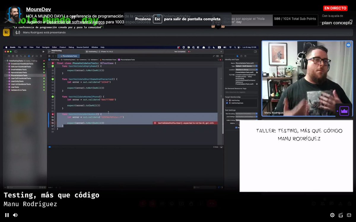 OscarRodasMo's tweet photo. Ultimo taller del dia Taller: Testing, más que código | Manu Rodríguez. Parte 3 Pasando a los Test #HolaMundoDay #xcode #iOSTeam
@MoureDev https://t.co/hdyCGmCBKl