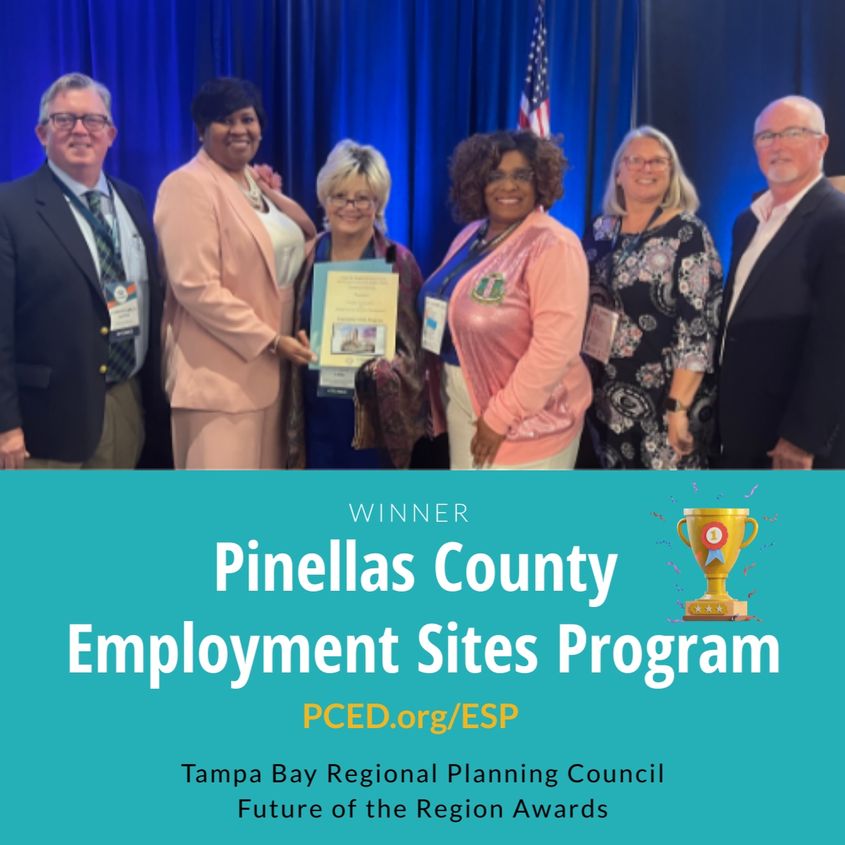 Last week, #PinellasCounty won the Economy &amp; Energy award at <a href="/TampaBayRPC/">Tampa Bay Regional Planning Council</a>'s Future of the Region Awards. <a href="/PinellasGov/">Pinellas County</a> Commissioners and PCED staff accepted the award recognizing the county's Employment Sites Program.