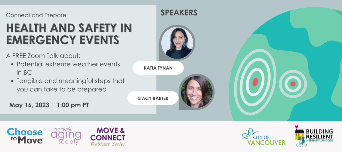 Join us for the next Move & Connect webinar: Health and Safety in Emergency Events. Katia Tynan & Stacy Barter will overview potential extreme weather events in BC, and provide tangible steps you can take to be prepared. May 16, 2023 at 1PM PT Register: activeagingsociety.org/health-safety-…