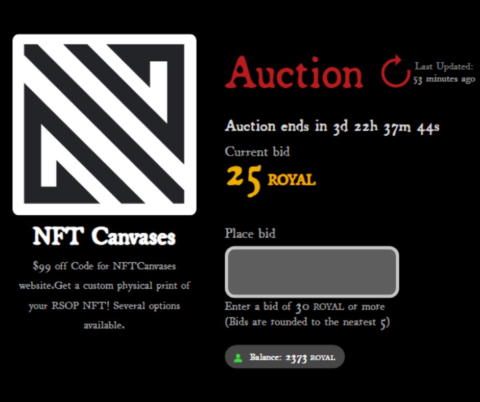 🚨RSOP May Marketplace is LIVE🚨

The #RSOP just keeps building!

Marketplace is LIVE!

Use $ROYAL/Cards/Chips to bid in auctions or enter raffles for #NFTs + other rewards!

Item #1

$99 discount code <a href="/CanvasesNft/">NFTCanvases | Exclusive Web3 Authentic Prints</a> 

#NFTCanvases

Auction: Bid in $ROYAL 🧵 

#RoyalRetweet 👑 x 10