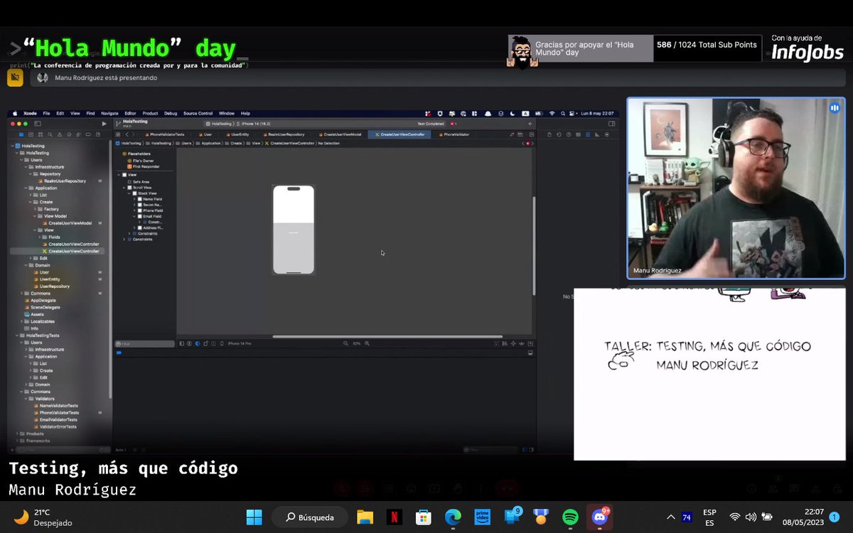 OscarRodasMo's tweet photo. Taller: Testing, más que código | Manu Rodríguez. Parte 3 Pasando a los Test. test del email y numero de teléfono, validaciones a nivel de código  #HolaMundoDay #xcode #iOSTeam @MoureDev https://t.co/yICqzuY0Uq