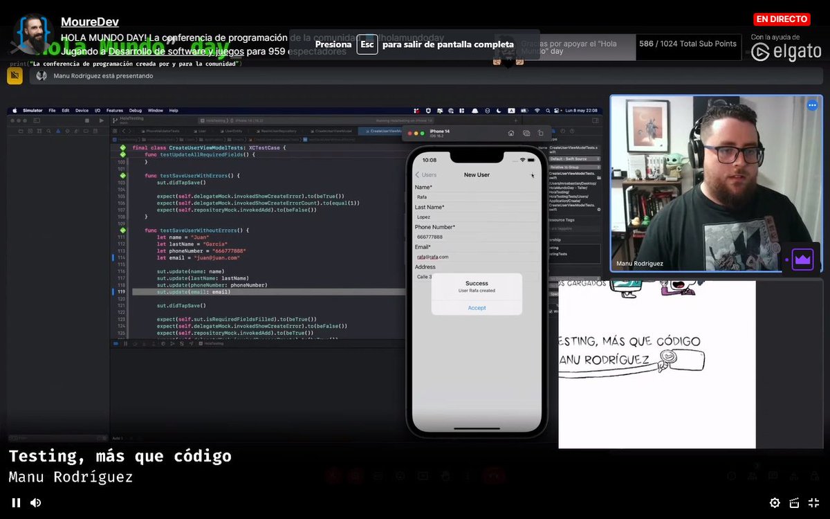 OscarRodasMo's tweet photo. Taller: Testing, más que código | Manu Rodríguez. Parte 3 Pasando a los Test. test del email y numero de teléfono, validaciones a nivel de código  #HolaMundoDay #xcode #iOSTeam @MoureDev https://t.co/yICqzuY0Uq