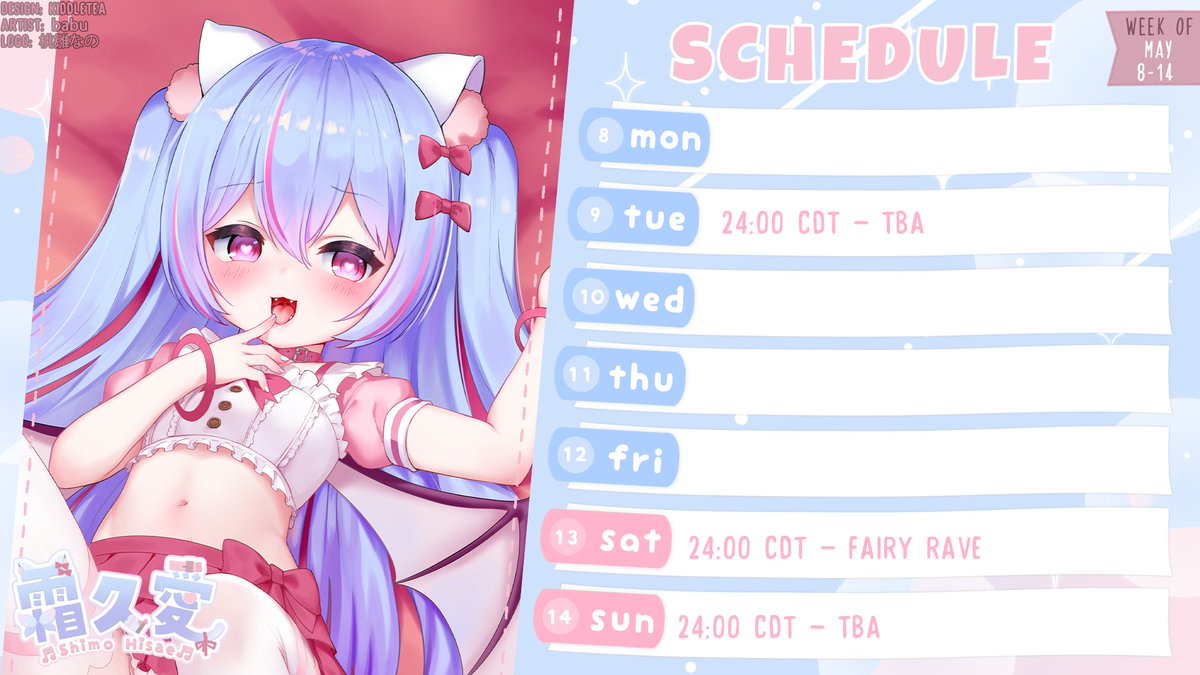 ShimoHisae's tweet photo. 💙Schedule for the 2nd week of May!!🎀
Let's have another fun week together~
 
Art # ShimoArt
🔞 # ShimoInHeat
Twitch: https://t.co/6m4YlZ1a4M
Discord: https://t.co/dsHvltU841 https://t.co/geQcsTdWxy