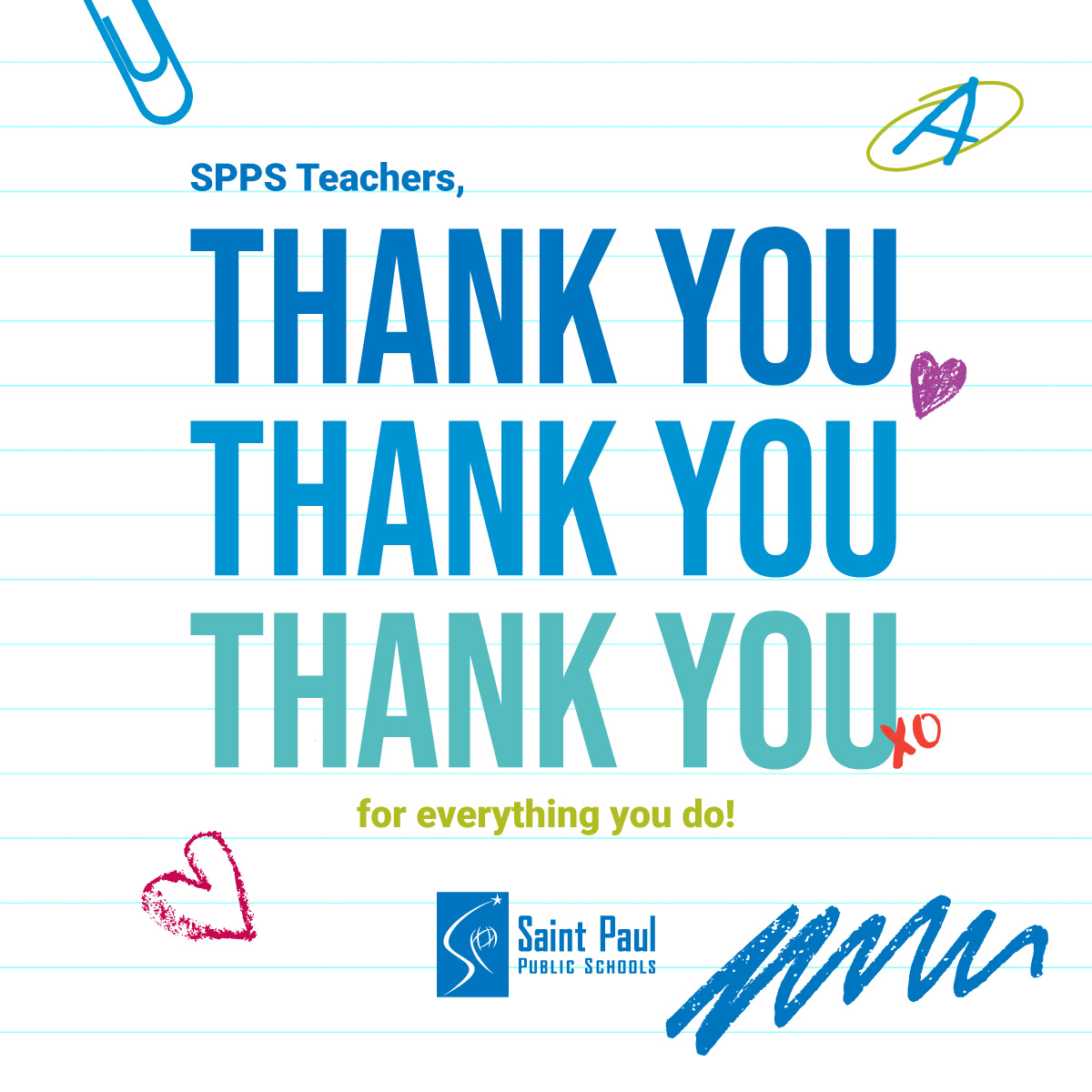 SPPS_News's tweet photo. Happy Teacher Appreciation Week to all SPPS teachers! Thank you for your dedication to making learning fun and uplifting our students. Let's take a moment to #ThankATeacher and show appreciation for all they do for us. #WeAreSPPS https://t.co/KC9QP2mmPs