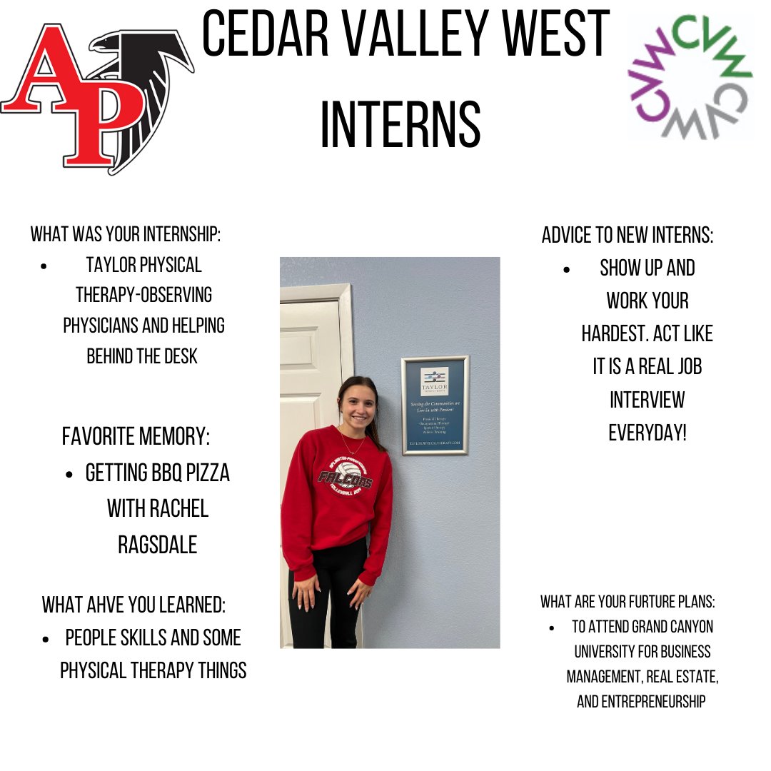 CedarValleyWest's tweet photo. Featuring Taylor Physical Therapy Internship! Thank you for the opportunity! #CVWbeInvolved @APFalcons https://t.co/4DTY05tLRT