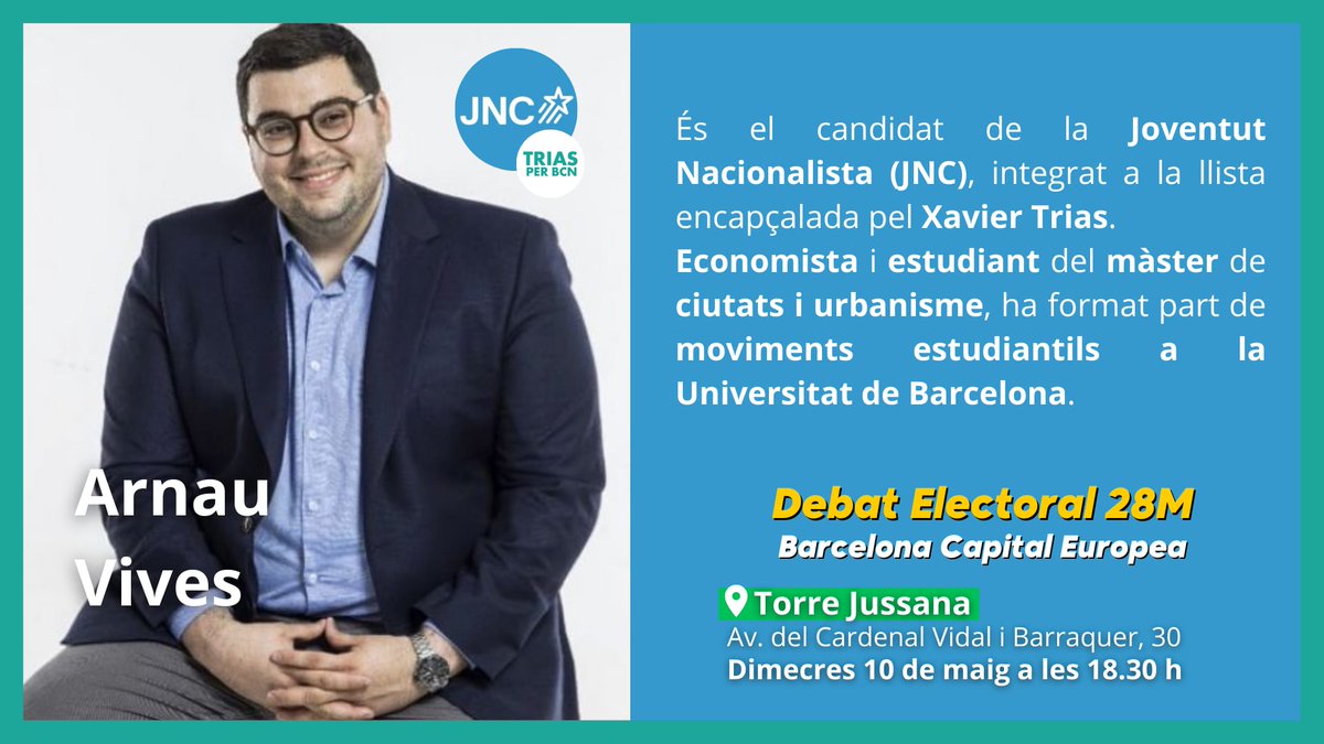 👉 Coneix l'@arnauvivesjuan, candidat de la @jnc_barcelona, integrat a la llista del @xaviertrias. (@TriasperBCN)

Dimecres 10 a les 18.30 h a @tjussana no et perdis el primer debat juvenil pel #28M. 🗳

👇 Inscripció:
forms.gle/69cyzoAQcih6rA…

#FemEuropa 🇪🇺💚 @jefcatalunya