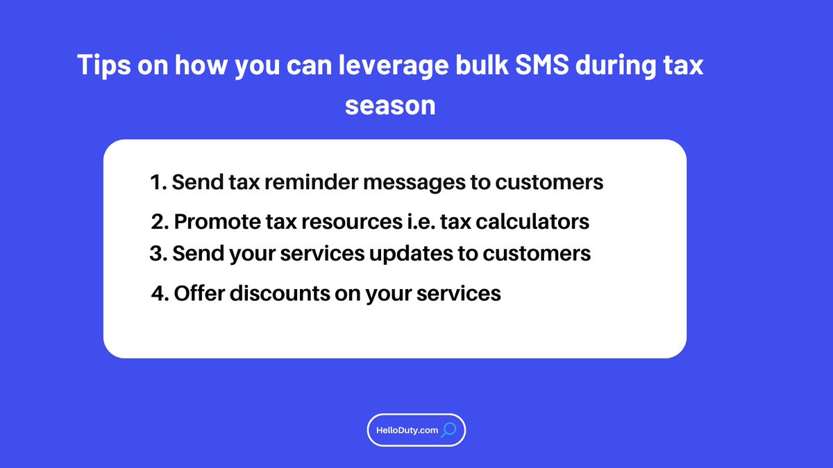helloduty's tweet photo. #TaxSeason is here! #Kenya businesses, use #BulkSMS to reach and engage your customers quickly and efficiently! #HelloDuty has your back! 🤝 https://t.co/pQfWCHR0yP