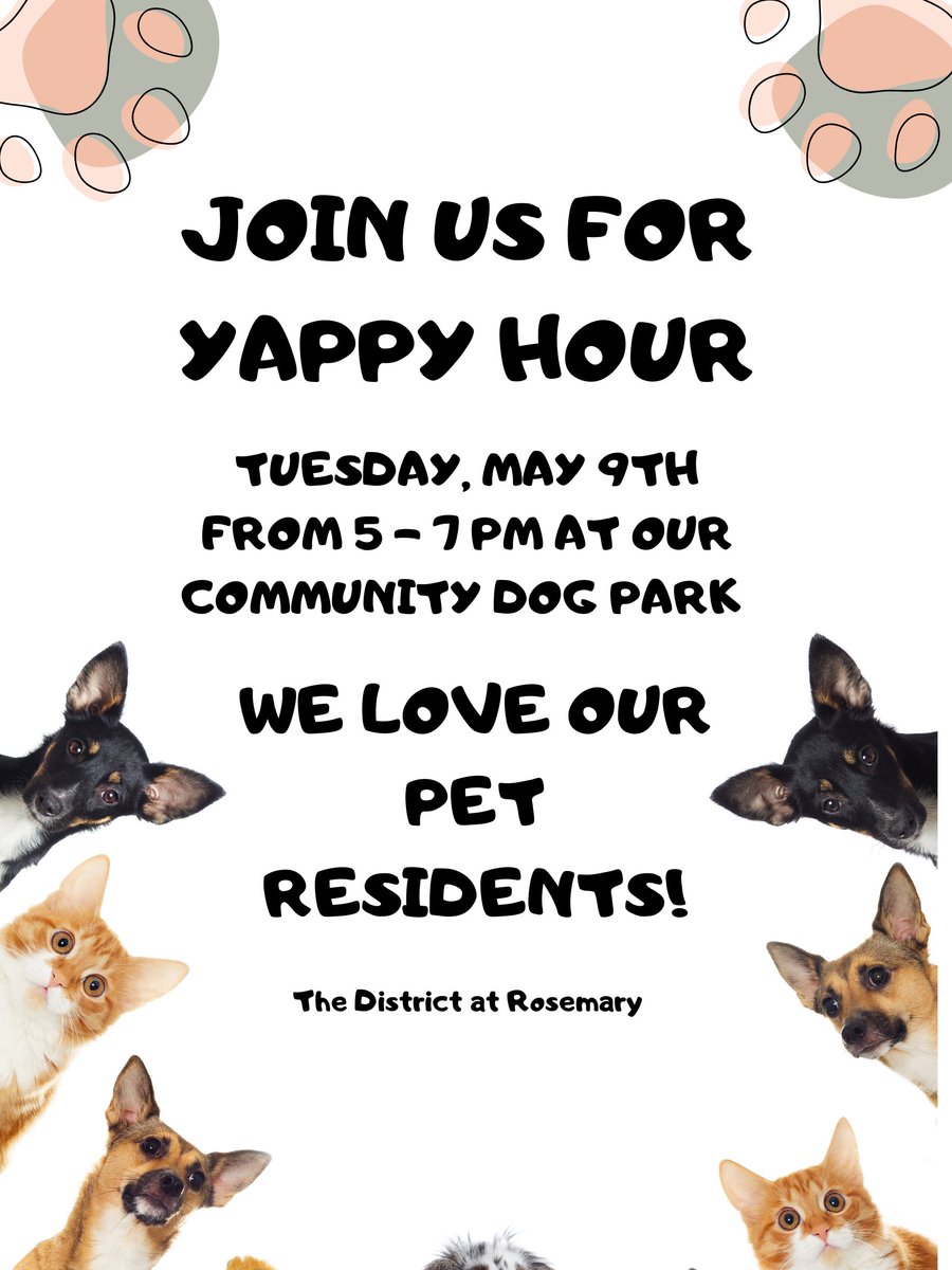 Join us for a Community Yappy Hour!
Tuesday, May 9th starting at 5 PM

#WeLoveOurPetResidents #Sarasota #PetFriendly #Community #LoveWhereYouLive #LuxuryRentals #YappyHour #ResidentEvents