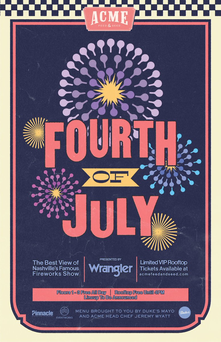 Come celebrate July 4th on the best rooftop on Broadway! Sign up for our email list to be the first to snag your tickets! The presale email will go out this Friday, May 12th at noon CST. Click here to sign up 👉 acmefeedandseed.com