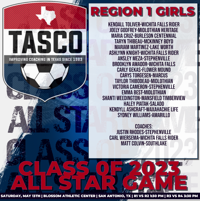 It's #TASCO Senior Showcase week! Each day leading up to the All-Star game on Saturday, we are going to highlight our All-Star teams that are playing this weekend! C/O our Region 1 Girls team! Congrats to our Class of 2023 All Stars! #TXHSSoc #TXHSSoccer #TASCOAllStars