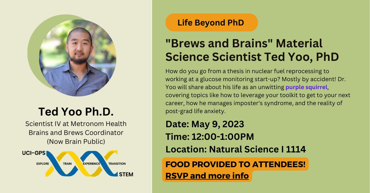UCIrvineGD's tweet photo. #GradEaters: Brews and Brains is an event where you get to hear about cool research! The next speaker is Ted Yoo (one of the original coordinators of the series coming back as Brain Public in June), so be sure to register - it's tomorrow! 
https://t.co/H5NQ3or7JL

#UCIGradLife https://t.co/xVB59PFXEo