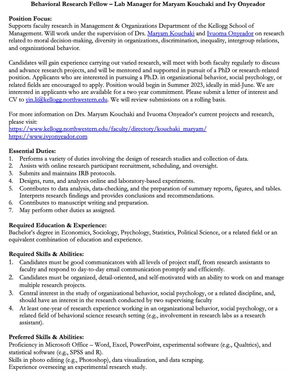 Hi! Maryam Kouchaki and I are searching for a joint lab manager to start this summer <a href="/KelloggSchool/">Kellogg School</a>. Job ad pictured (with the first part in alt-text). Please email our lab manager with a letter of interest and CV. We're reviewing submissions on a rolling basis. Please retweet!