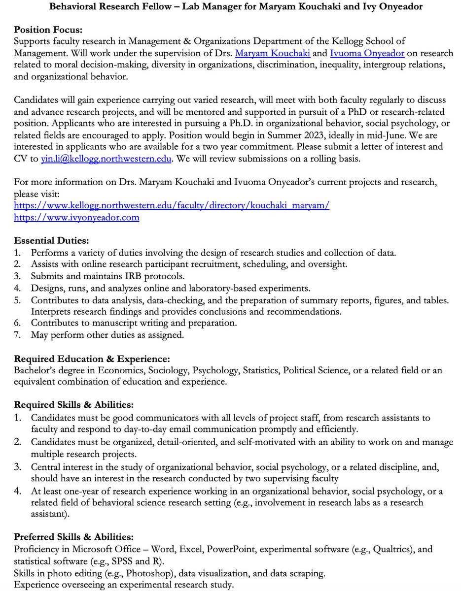 Hi! Maryam Kouchaki and I are searching for a joint lab manager to start this summer @KelloggSchool. Job ad pictured (with the first part in alt-text). Please email our lab manager with a letter of interest and CV. We're reviewing submissions on a rolling basis. Please retweet!