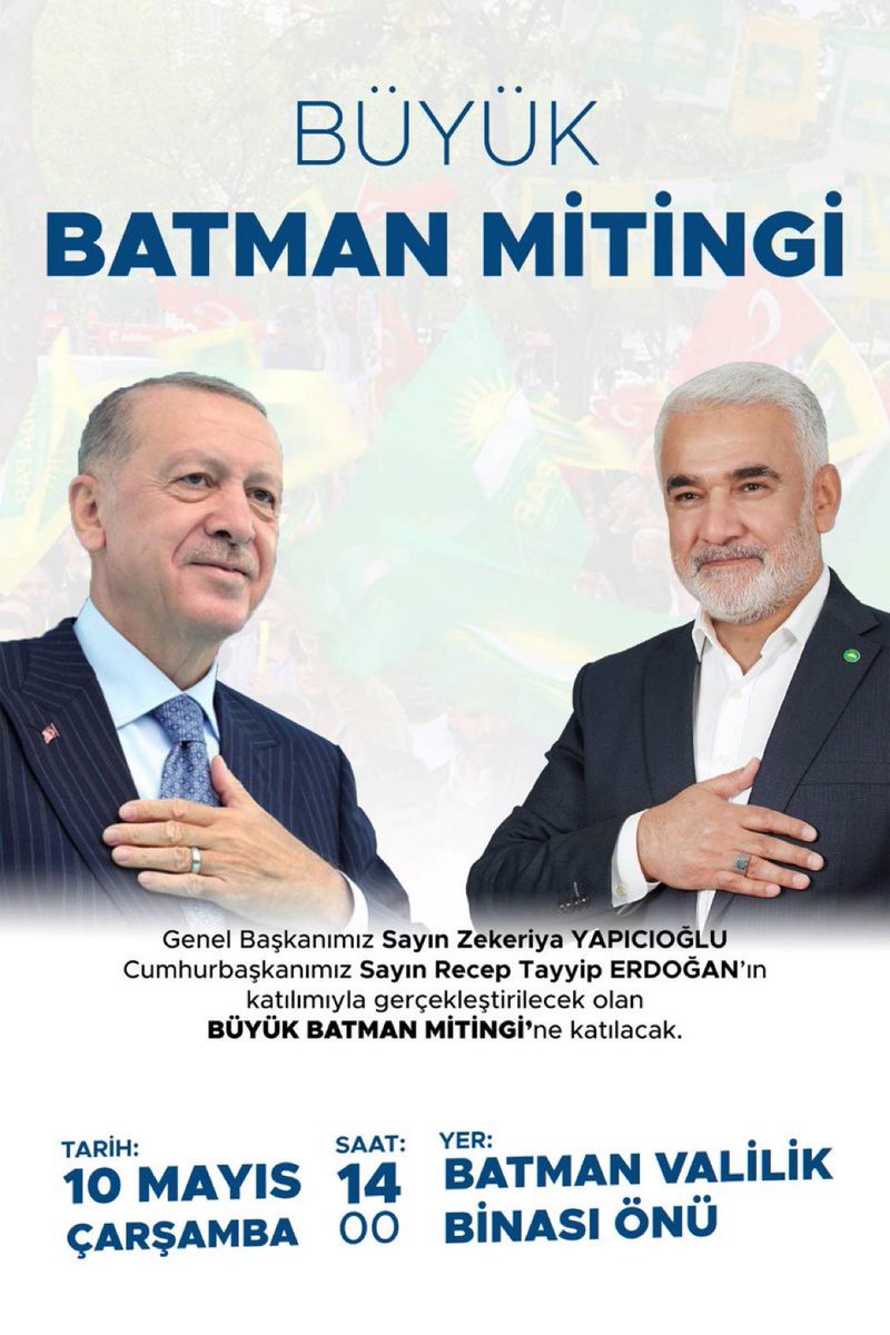 Bu miting, diğer mitinglerden çok farklı olacak inşallah. 

Verilecek mesajlar, belkide bölge siyasetinde HÜDA PAR’ın öncülük edeceği kanın, çatışmanın ve gözyaşının olmadığı çözüm odaklı yeni bir tarz-ı siyasetin müjdecisi olacaktır. 

Ve Batman şimdi #HÜDAPAR zamanı diyecek…