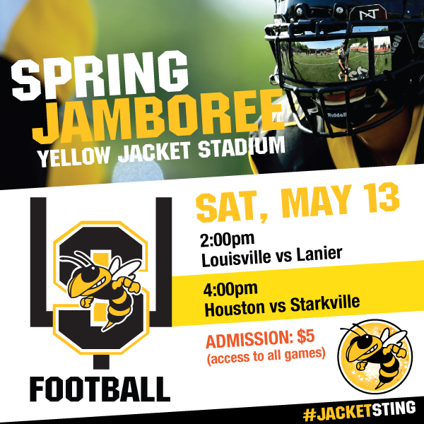 STKJackets's tweet photo. SATURDAY! Get your first glimpse of the reigning State Champion Jackets at our Football Spring Jamboree on May 13!
2:00pm
Louisville vs Lanier
4:00pm
Houston vs Starkville

Admission: $5 (access to both games)
Come out and cheer the #JacketSting! https://t.co/nPXE6Ay7SR