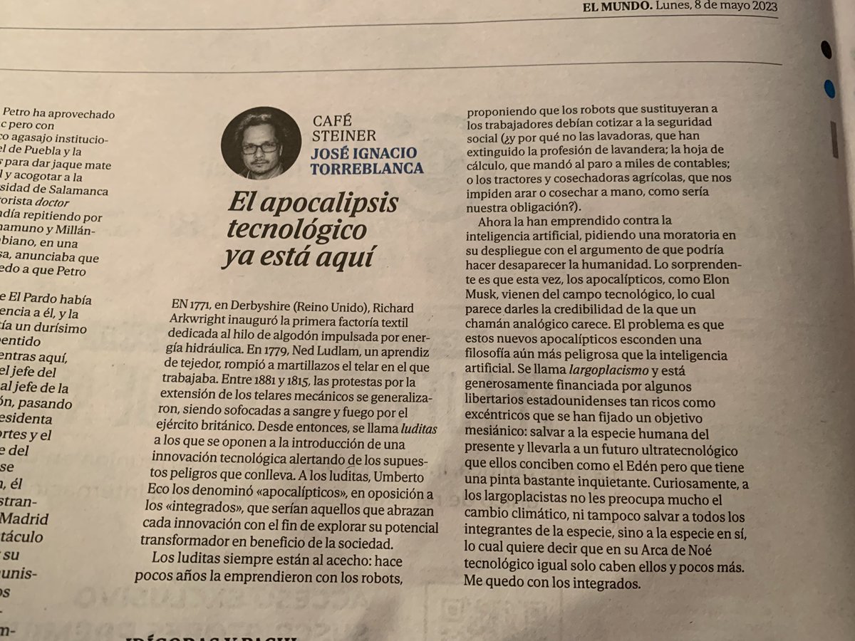 LuisMGallego's tweet photo. #Apocalipsis #tecnológico
#YodigoNo #MasTecnologia #MasInnovacion #MasDesarrollo
#Innovación #InteligenciaArtificial #Luditas #Apocalípticos #Integrados https://t.co/Jx18K3pJQK