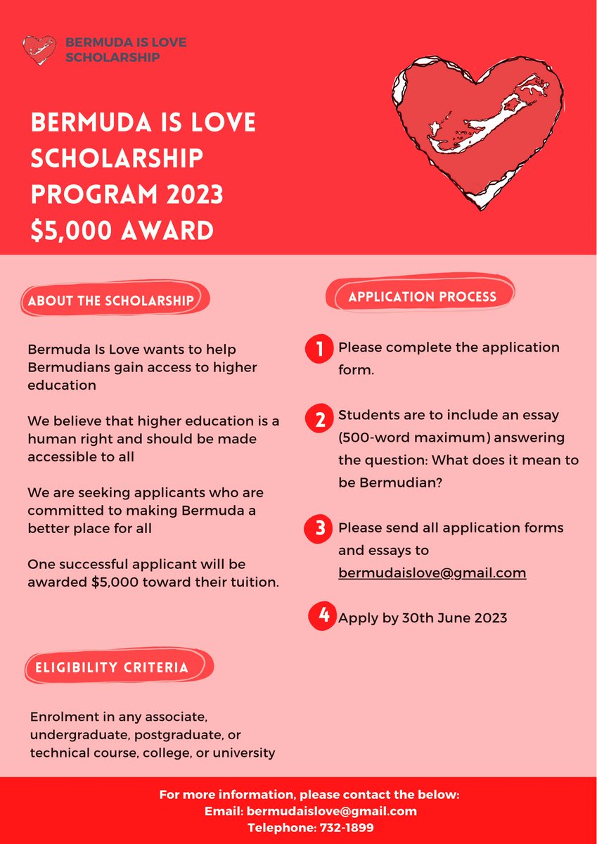 bermudaislove's tweet photo. Bermuda Is Love is pleased to announce that we are offering a $5,000 academic scholarship award for 2023. 
#BermudaIsLove ❤️ https://t.co/ipJhYY9wlS
