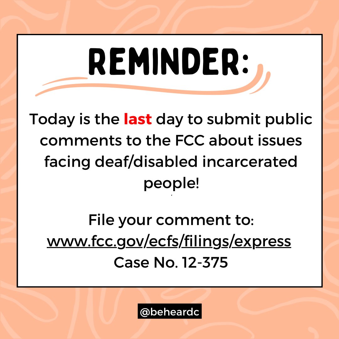 Today is the last day to submit public comments to the FCC about issues facing deaf/disabled incarcerated people!

Let’s show the <a href="/FCC/">FCC</a> the importance of access for deaf/disabled people in jails and prisons and show our solidarity.
 
#DeafPrisonPhoneJustice #DeafInPrison