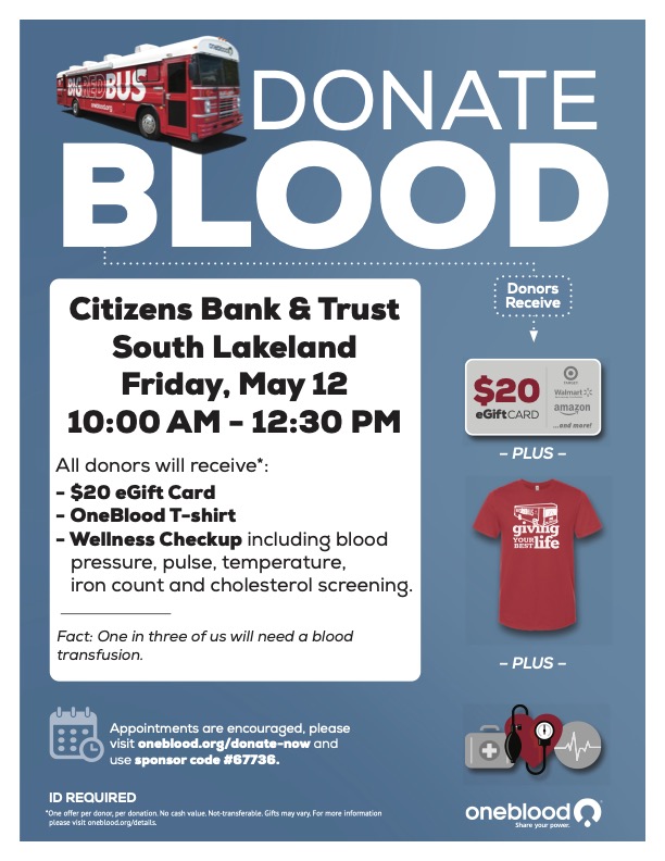 Mark your calendars! Come out and donate this Friday at Citizen's Bank &amp; Trust.