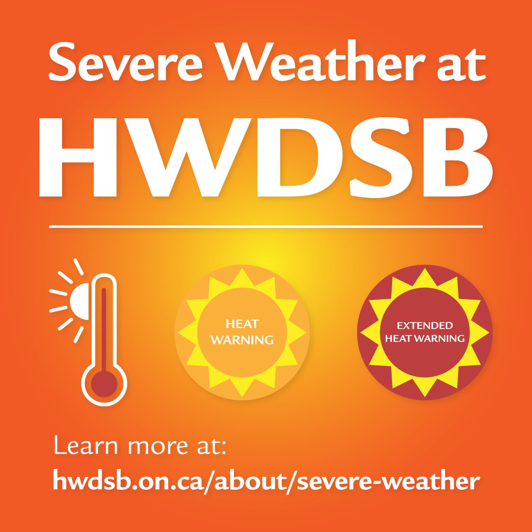 With warm weather approaching, we want you to know how HWDSB's new heat/humidex threshold can impact classrooms ☀️

During at heat event, details will be posted on our website and precautionary steps will be taken for students and staff.

Heat Events: hwdsb.on.ca/blog/heat-even…