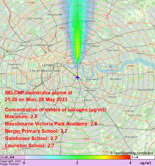 plumeplotter's tweet photo. Latest SELCHP incinerator plume plot, 21:20 08/05/23 #SouthHackney #GlobeTown #Homerton https://t.co/rSuLuDTFup https://t.co/TmDNVIzIvz