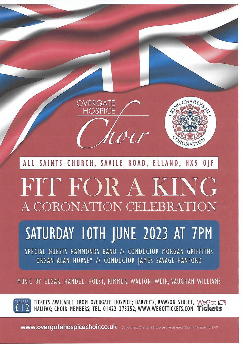 Overgate Hospice Choir (@overgate_choir) on Twitter photo We're looking forward to continuing the coronation celebrations on Saturday 10th June in Elland, with a stirring programme of music offered alongside our special guests <a href="/hammondsband/">Hammonds Band</a>! Tickets are on sale now via wegottickets.com/OvergateHospic… We're looking forward to continuing the coronation celebrations on Saturday 10th June in Elland, with a stirring programme of music offered alongside our special guests <a href="/hammondsband/">Hammonds Band</a>! Tickets are on sale now via wegottickets.com/OvergateHospic…