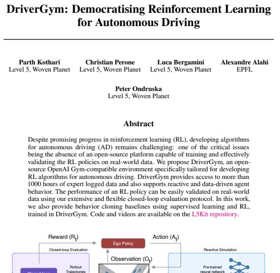hwingo's tweet image. #DriverGym: Democratising #ReinforcementLearning for #Autonomous Driving
ml4ad.github.io/files/papers20… 
#AI #MachineLearning #OpenSource #Simulators #SelfDrivingCars #research